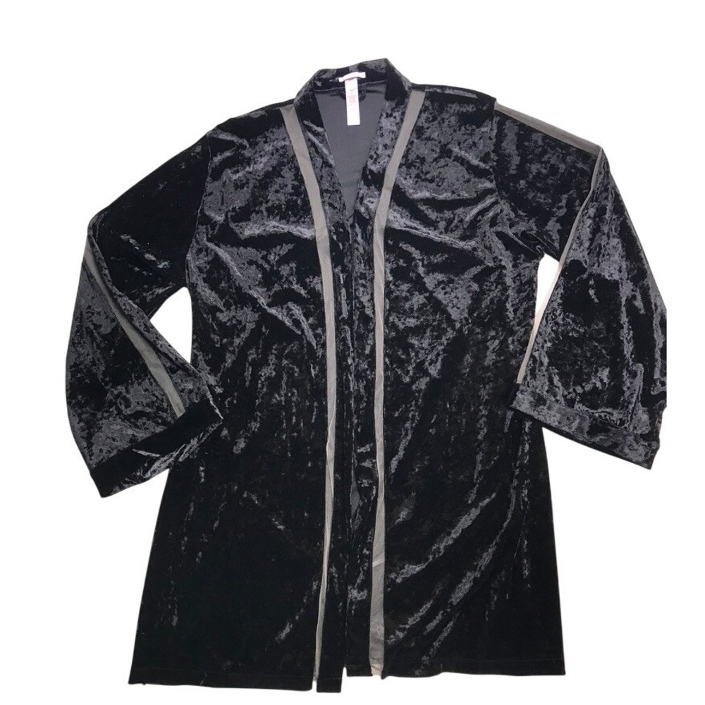Savage X Fenty Womens Black Crushed Velvet Robe Sheer Mesh Trim MD/LG Kimono